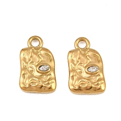 Real 18K Gold Plated 304 Stainless Steel Pendants, with Crystal Rhinestone, Hammered Rectangle Charms, Ion Plating(IP), Real 18K Gold Plated, 14x8x3mm, Hole: 1.8mm