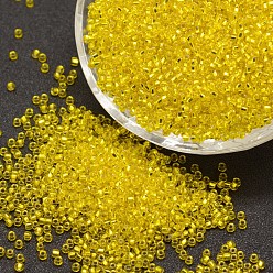 Желтый 6/0 круглые бусины из стекла семян, серебряная линия квадратное отверстие, прозрачные цвета, желтые, 3.6~4.0 мм, отверстия : 1.2 mm, около 5000 шт / фунт