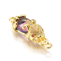 Средний Фиолетовый Золотистые соединители из латуни, со стеклом и фианитом, Pi Xiu, средне фиолетовый, 27x9x7 мм, отверстие : 1 мм