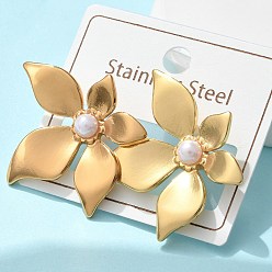 Золотой 304 серьги-гвоздики в форме цветка из нержавеющей стали и АБС-пластика с имитацией жемчуга, ионное покрытие (ip), золотые, 31.5x31 мм