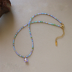 Lilac Brass Enamel Chick Pendant Cubic Zirconia Beaded Necklaces for Women, Golden, Lilac, 15.55 inch(39.5cm)