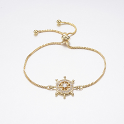 Золотой Регулируемые латунные браслеты из микропаве из циркония и боло, слайдерные браслеты, с латунной коробки цепей, руль, золотые, 10-1/4 дюйм (260 мм)