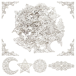 Платина 5 стиль железные филигранные соединительные элементы, полый, звезда/полумесяц/плоская круглая, платина, 27~62x22~57.5x0.5~1 мм, 96 шт / коробка