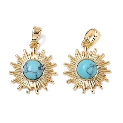 Синтетическая Бирюза Синтетические бирюзовые подвески, латунные солнечные подвески, реальный 18 k позолоченный, 17x15x4 мм, отверстие : 4x2 мм