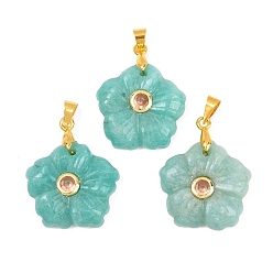 Амазонит Резные подвески из натурального амазонита, подвески-цветы с латунной микропаве из кубических цирконий, золотые, стойки покрытие, долговечный, золотые, 20x20x5 мм, отверстие : 5x4 мм