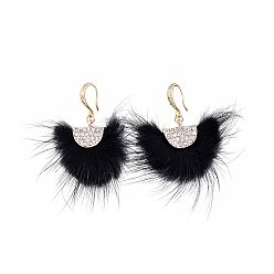 Черный Латунь болтаться серьги, подвеска с кисточкой из меха норки, горный хрусталь и сплавочная фурнитура, вентилятор, золотые, чёрные, 50 мм , штифт: 0.9 мм