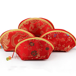 Crimson Retro Fan-Shaped Cloth Zipper Pouches, with Beads and Flower Pattern, Crimson, 6x10x6cm