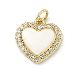 Белый Латунные микропаве прозрачные подвески с фианитом, с эмалью, долговечный, стойки покрытие, без свинца и без кадмия, сердце прелести, реальный 18 k позолоченный, белые, 14.5x14x3.5 мм, отверстие : 3 мм