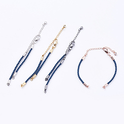 Морской Синий Плетеный браслет из хлопкового шнура, с латунным когтя омара застежками и удлинителей цепей, со стразами, разноцветные, Marine Blue, 5-3/8 дюйм ~ 5-1/2 дюйм (13.5~14 см), 3 мм, отверстие : 2 мм