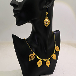 Golden Vintage Brass Teardrop Earrings & Pendant Necklaces Sets for Women, Golden, 19.49 inch(49.5cm)