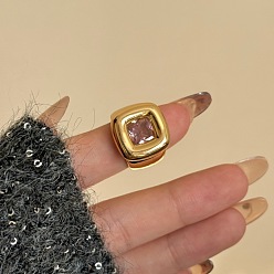 Pink Brass Pave Cubic Zirconia Cuff Open Rings, Square, Pink, 15~20mm