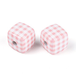 Pink Печатные непрозрачные акриловые бусины, куб с клетчатым узором, розовые, 14x14~14.5x14~14.5 мм, отверстие : 3.8 мм