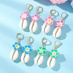 (52) Непрозрачная лаванда Серьги-кольца в виде цветка из полимерной глины, с натуральной раковиной каури и жемчужиной из АБС-пластика, золотые, разноцветные, 3 мм