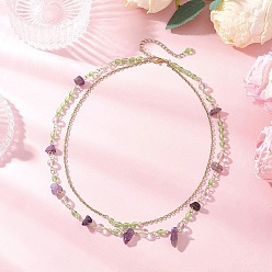 Золотой Натуральный аметист, крошка, стекло и 304 нержавеющая сталь, двухслойные ожерелья ручной работы для женщин, золотые, 12.01 дюйм (30.5 см)