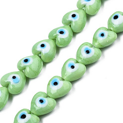 Light Green Handmade Evil Eye Lampwork Beads Strands, Heart, Light Green, 12~12.5x12~13x7.5mm, Hole: 1.2mm, about 33pcs/strand, 14.76 inch(37.5cm)