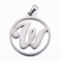 Letter W Non-Tarnish 304 Stainless Steel Pendants, Flat Round with Letter, Stainless Steel Color, Letter.W, 28x25x1.2mm, Hole: 6x3.5mm