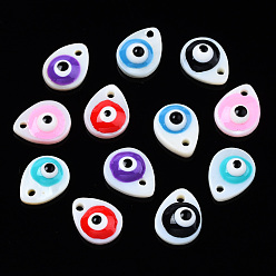 Mixed Color Natural Freshwater Shell Charms, with Enamel, Teardrop with Evil Eye, Mixed Color, 10.5x8x3~4mm, Hole: 1.2mm