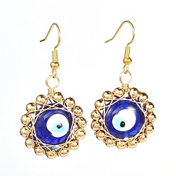 Blue Evil Eye Flat Round Lampwork Dangle Earrings for Girl Women, Wire Wrap Brass Earring, Golden, Blue, 45mm, Pin: 0.6mm