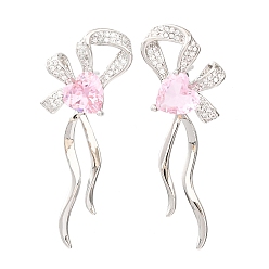 Platinum Brass Micro Pave Cubic Zirconia Stud Earrings for Women, Bowknot with Heart, Platinum, 43x16mm