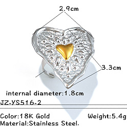 Сердце 304 открытые кольца-манжеты из нержавеющей стали для женщин, золотые и нержавеющая сталь цвет, сердце, 18 мм