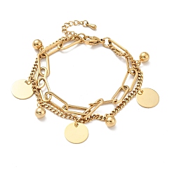 Oro Pulsera de varias vueltas planas redondas y bolas redondas, Pulsera de cadena de doble capa de acero inoxidable con revestimiento al vacío de PVD para mujer, dorado, 304 pulgada (7-1/2 cm)