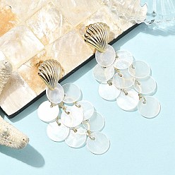 White 201/304 Stainless Steel & Capiz Shell Stud Earrings, Shell Shape, Brass Dangle Earrings, Golden, White, 65~65.5x27~28.5mm