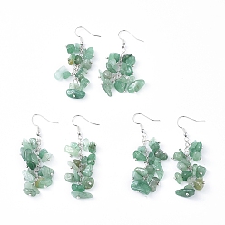 Green Aventurine Dangle Earrings, Cluster Earrings, with Natural Green Aventurine Chips and Platinum Plated Brass Earring Hooks, 60~63mm, Pin: 0.5mm