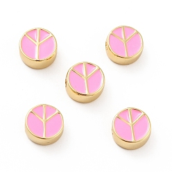 Бледно-Розовый Плоские круглые со знаком мира латунные эмалевые бусины, реальный 18 k позолоченный, без кадмия, без никеля и без свинца, розовый жемчуг, 10x4.5 мм, отверстие : 1.8 мм