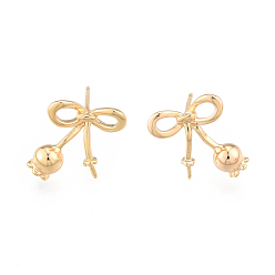 Echt 18 k vergoldet Messing Ohrstecker Erkenntnisse, für die Hälfte gebohrt Perlen, Schleife, Cadmiumfrei und Nickel frei und Bleifrei, echt 18 k vergoldet, 13.5x12 mm, Stift: 0.7mm und 0.9mm (für halbgebohrte Perlen)