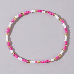 Rosa Oscura Pulseras elásticas redondas de cuentas de vidrio estilo boho para mujer, de color rosa oscuro, 6.89 pulgada (17.5 cm)
