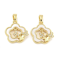 Настоящее золото 18K Латунь с прозрачными кубическими цирконами и подвесками в виде ракушек, без кадмия, без никеля и без свинца, цветок с бабочкой, реальный 18 k позолоченный, 16x15.5x3.5 мм, отверстие : 5x3 мм