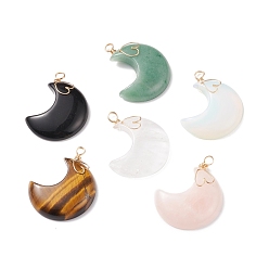 Mixed Stone Natural & Synthetic Gemstone Pendants, Moon Charm, with Real 18K Gold Plated Tone Copper Wire Wrapped, 40.5~42x30~31x8mm, Hole: 3.5~4mm