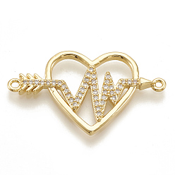 Golden Brass Micro Pave Cubic Zirconia Links, Cadmium Free & Lead Free, Heart, Clear, Golden, 18x31x2mm, Hole: 1mm
