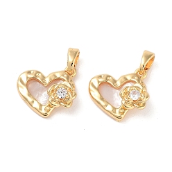 Настоящее золото 18K Латунные микропаве прозрачные кубические циркониевые подвески, без кадмия, без никеля и без свинца, с оболочкой, Сердце со цветками , реальный 18 k позолоченный, 12.5x13.5x5.5 мм, отверстие : 4.5 мм