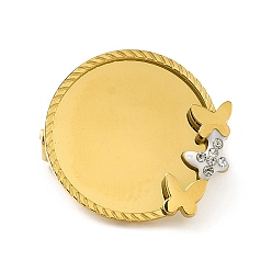Doré  Placage sous vide pvd 304 base de broche en acier inoxydable, rond plat en pâte polymère & strass avec papillon, or, 18x18.5x2.5mm, Plateau: 15.5x14 mm