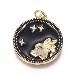 Лео Латунные микро проложить кубического циркония подвески, с эмалью и кольцом для прыжков, плоский круглый с созвездиями, золотые, Лев, 23x21x2.5 мм, отверстие : 3 мм