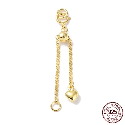 Real 18K Gold Plated 925 Sterling Silver Ends with Chains, with Spring Clasps, Slide Bead, Jump Ring and Heart Charms, Real 18K Gold Plated, 39mm, Hole: 2.6mm