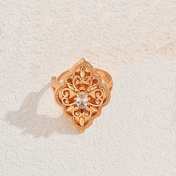 Прозрачный Элегантные геометрические полые латунные кольца с паве из кубического циркония, регулируемые для женщин, цветок, золотые, прозрачные, 28x19 мм, внутренний диаметр: регулируемый