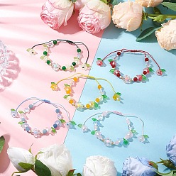 Смешанные камни Браслеты из плетеных бусин из натуральных смешанных драгоценных камней, регулируемые женские браслеты из нейлоновой нити, цветок, внутренний диаметр: 1-5/8~3-7/8 дюйм (4.1~9.8 см)