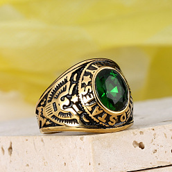 Зеленый 304 мужские перстни из нержавеющей стали с кубическим цирконием, овальные, античное золото , зелёные, 20 мм, размер США 8 (18.1 мм)
