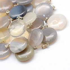 Серый агат Плоские круглые серые природные агата подвески, с латунной фурнитурой платинового цвета, 22~25x19~21x5~7 мм, отверстие : 2x7 мм