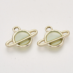 Dark Sea Green Epoxy Resin Pendants, with Light Gold Alloy Open Back Settings, Planet, Universe Space Charms, Dark Sea Green, 14.5x19.5x2.5mm, Hole: 2mm