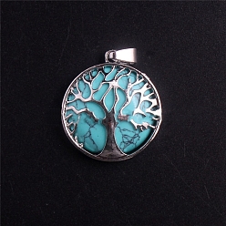 Synthetic Turquoise Synthetic Turquoise Dyed Pendants, Tree of Life Metal Charms, Platinum, 27x27x7mm