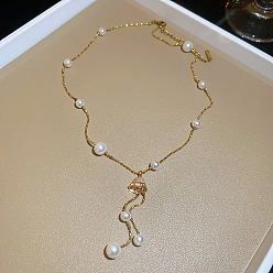 White Brass Pave Clear Cubic Zirconia Jellyfish Pendant Necklaces with Imitation Pearl Beads for Women, Golden, White, 15.75 inch(40cm)