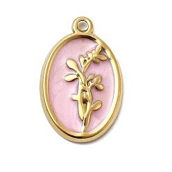 Настоящее золото 18K 304 прелести нержавеющей стали, овал с цветочными подвесками, с эмалью и стразами, ионное покрытие (ip), реальный 18 k позолоченный, 17.5x11.5x2 мм, отверстие : 1.2 мм