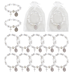 Белый 3шт. 304 браслеты с подвесками из нержавеющей стали, стеклянные круглые бусины растянуть браслеты, овал с девой марии и крестом, Сплав с подвесками, белые, 4 дюйм (10 см)