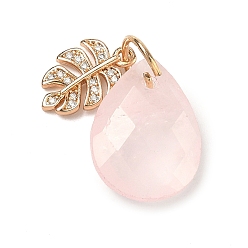 Розовый Кварц Природного розового кварца подвески, Граненые подвески Teardorp с листочком из латунных хрустальных страз., золотой свет, 18x13.5x6 мм, лист: 13.5x8.5x2 мм, Перейти кольцо: 8x0.8 мм, внутренний диаметр: 5.8 мм