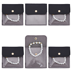 Черный 6 шт. конверты для ювелирных изделий из искусственной кожи и ПВХ с кнопкой, для сережек, Кольца, Браслеты, квадратный, чёрные, 9.7x9.5x0.6 см