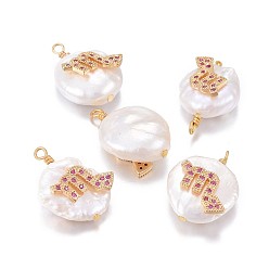 Scorpio Natural Cultured Freshwater Pearl Pendants, with Brass Micro Pave Cubic Zirconia Findings, Nuggets with Constellation, Golden, Fuchsia, Scorpio, 17~22x11~16x5~11mm, Hole: 1.6mm