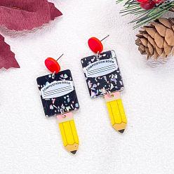 Pencil Acrylic Stud Dangle Earrings for Women, Pencil with Book, 50mm